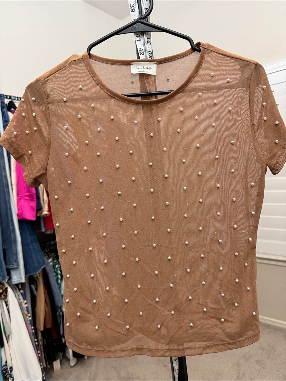 Free Kisses Sheer Pearl-Embellished Short Sleeve Top - Brown